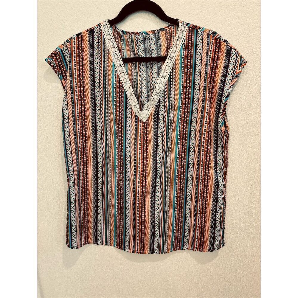 SHEIN Women's Striped V-Neck Blouse Multicolor Lace Accents Size L